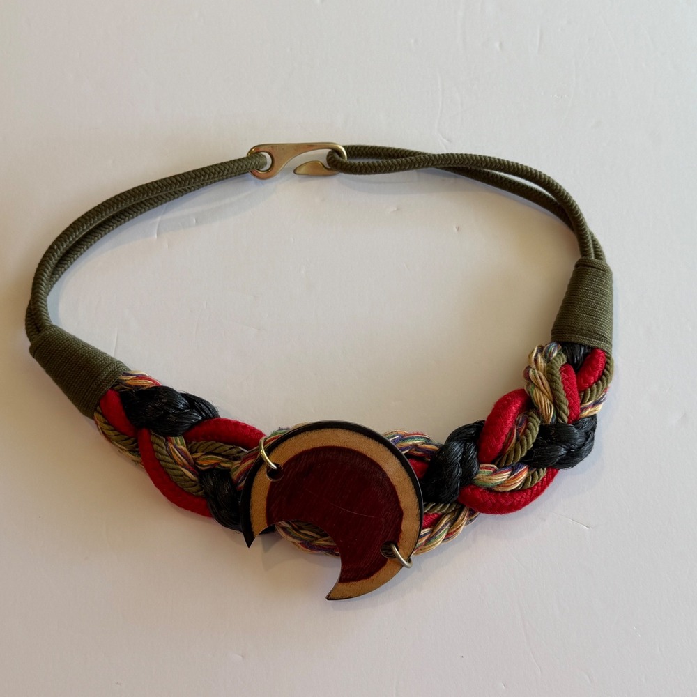 Vintage Braided Rope Statement Belt Wood Crescent Moon Pendant Red Green Black M